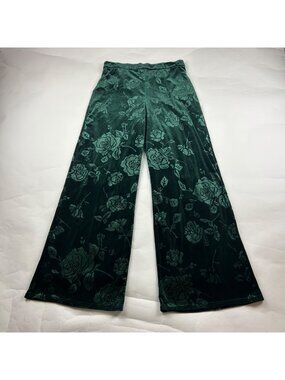 Lulus Dark Green Stretch Velvet Floral Embossed Wide Leg Trouser M